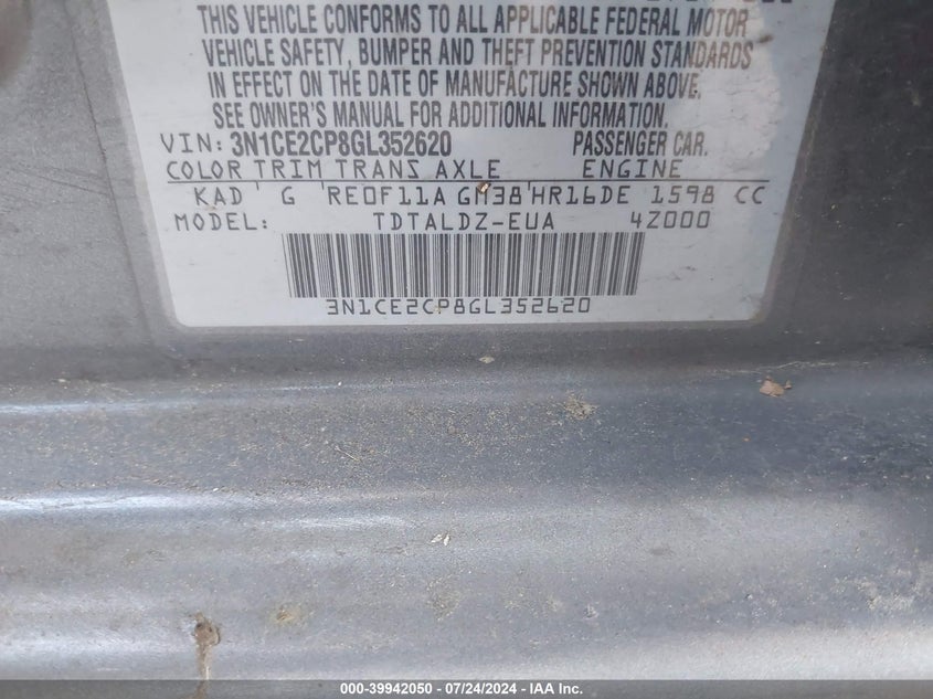 2016 Nissan Versa Note S (Sr)/S Plus/Sl/Sr/Sv VIN: 3N1CE2CP8GL352620 Lot: 39942050