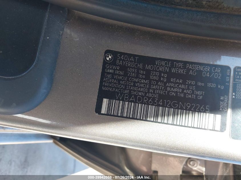 2002 BMW 540It VIN: WBADR63412GN92265 Lot: 39942058