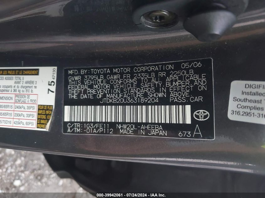 2006 Toyota Prius VIN: JTDKB20U363189204 Lot: 39942061