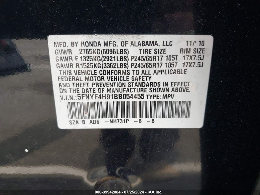2011 Honda Pilot Touring VIN: 5FNYF4H91BB054455 Lot: 39942084