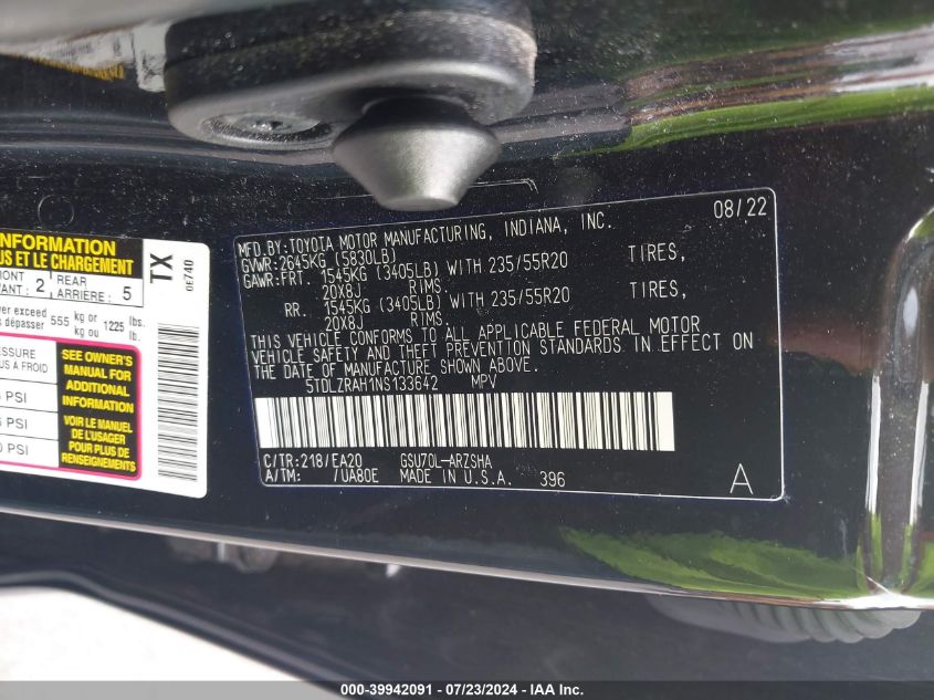 2022 Toyota Highlander Xse VIN: 5TDLZRAH1NS133642 Lot: 39942091