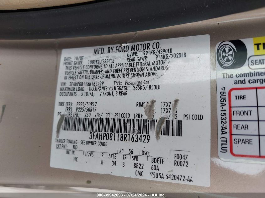 2008 Ford Fusion Sel VIN: 3FAHP08118R163429 Lot: 39942093