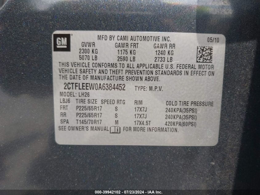 2010 GMC Terrain Sle-2 VIN: 2CTFLEEW0A6384452 Lot: 39942102