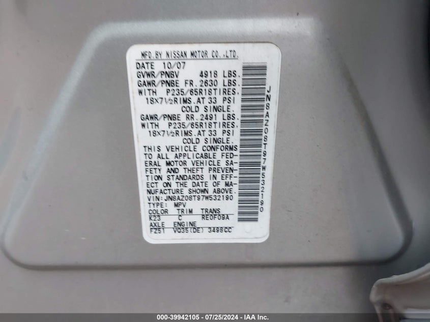 2007 Nissan Murano Sl VIN: JN8AZ08T97W532190 Lot: 39942105