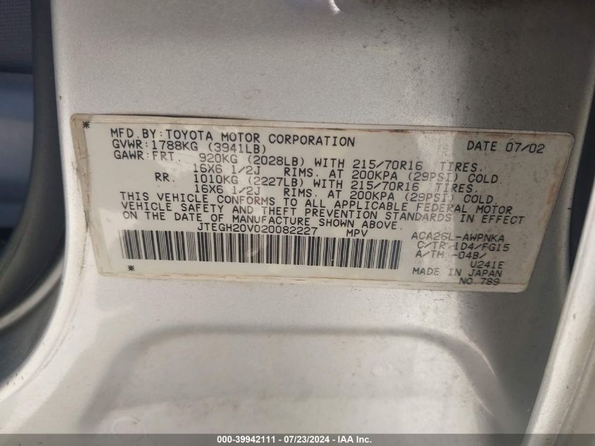 2002 Toyota Rav4 VIN: JTEGH20V020082227 Lot: 39942111