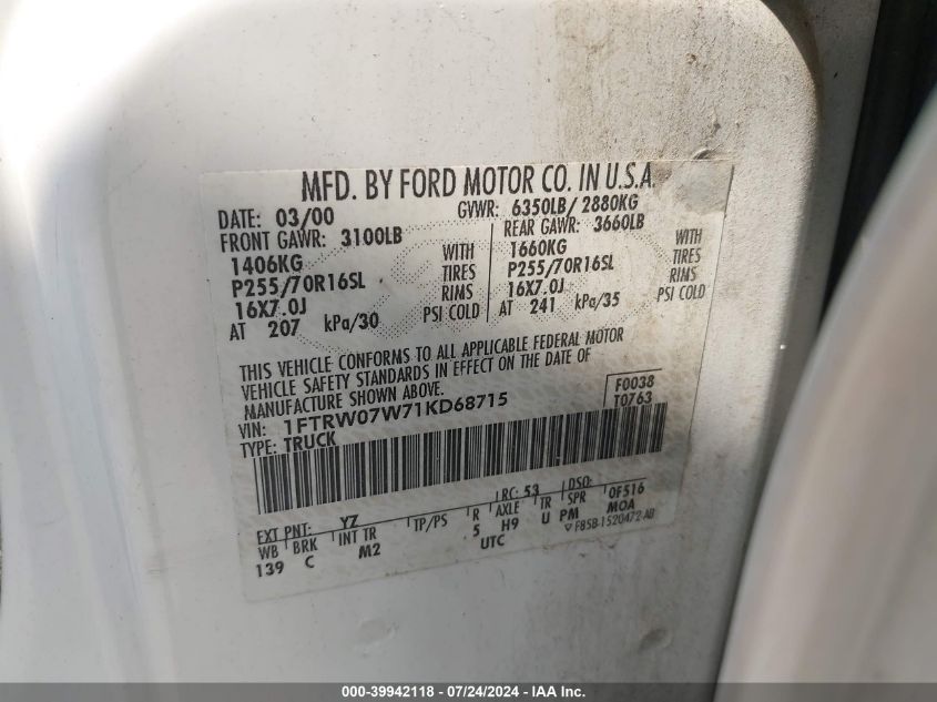 2001 Ford F-150 Harley-Davidson Edition/King Ranch Edition/Lariat/Xlt VIN: 1FTRW07W71KD68715 Lot: 39942118