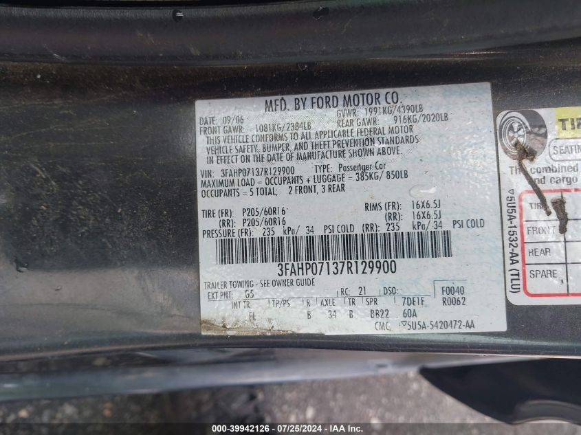 2007 Ford Fusion Se VIN: 3FAHP07137R129900 Lot: 39942126