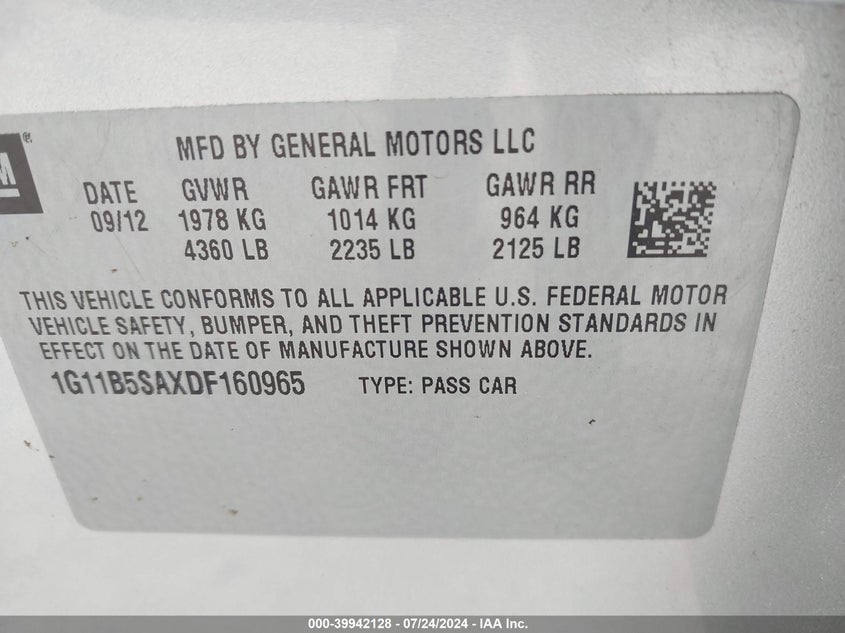 2013 Chevrolet Malibu Ls VIN: 1G11B5SAXDF160965 Lot: 39942128