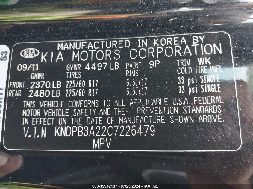 2012 Kia Sportage Lx VIN: KNDPB3A22C7226479 Lot: 39942137