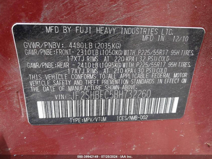 2011 Subaru Forester 2.5X Limited VIN: JF2SHBEC5BH732260 Lot: 39942149