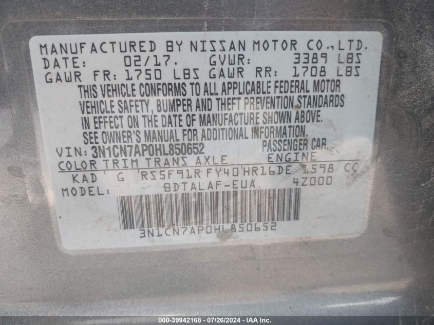 3N1CN7AP0HL850652 2017 Nissan Versa S/S Plus/Sv/Sl