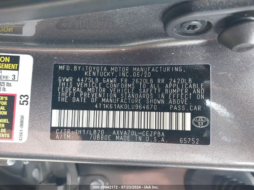 4T1K61AK0LU964670 2020 Toyota Camry Xse