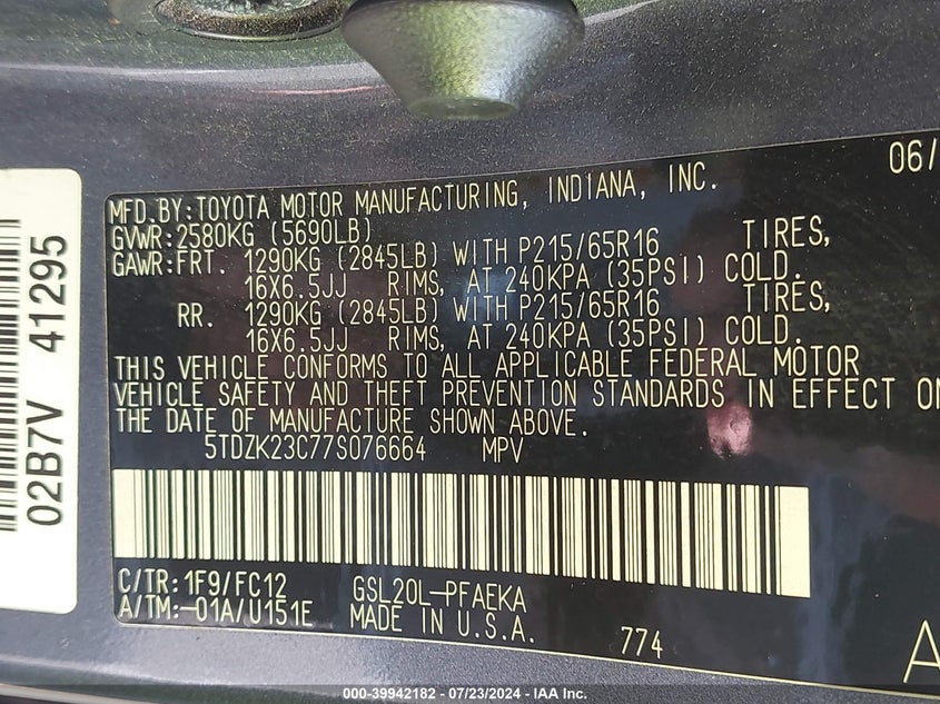 2007 Toyota Sienna Le VIN: 5TDZK23C77S076664 Lot: 39942182