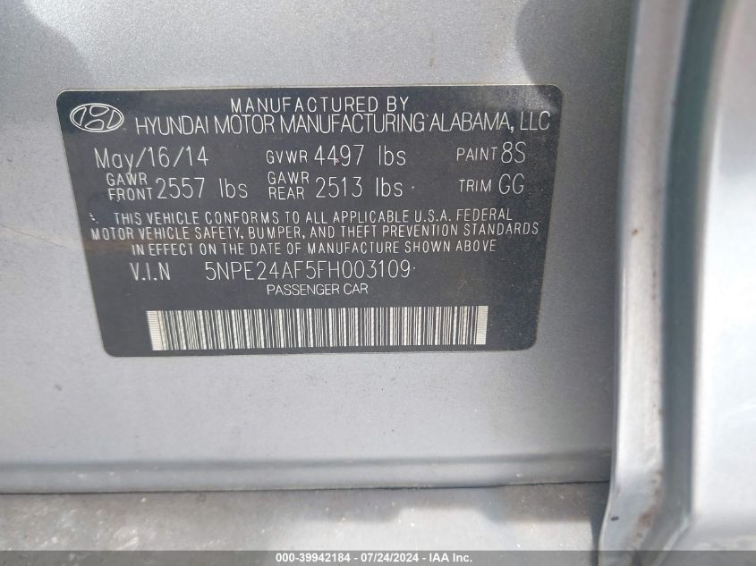 5NPE24AF5FH003109 | 2015 HYUNDAI SONATA