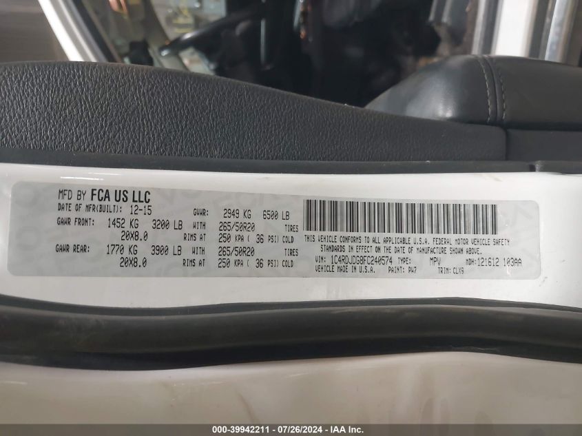 2015 Dodge Durango Limited VIN: 1C4RDJDG8FC240574 Lot: 39942211