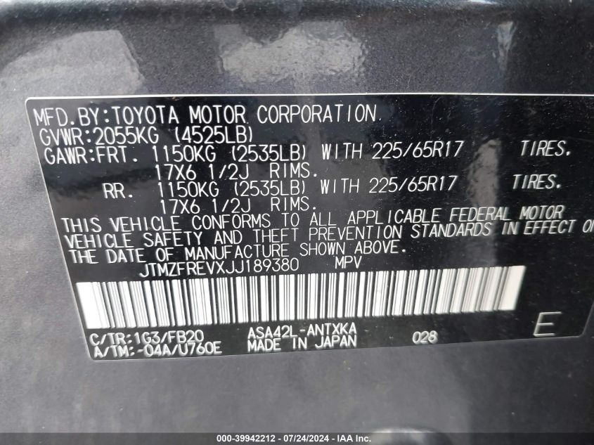 2018 Toyota Rav4 Le VIN: JTMZFREVXJJ189380 Lot: 39942212