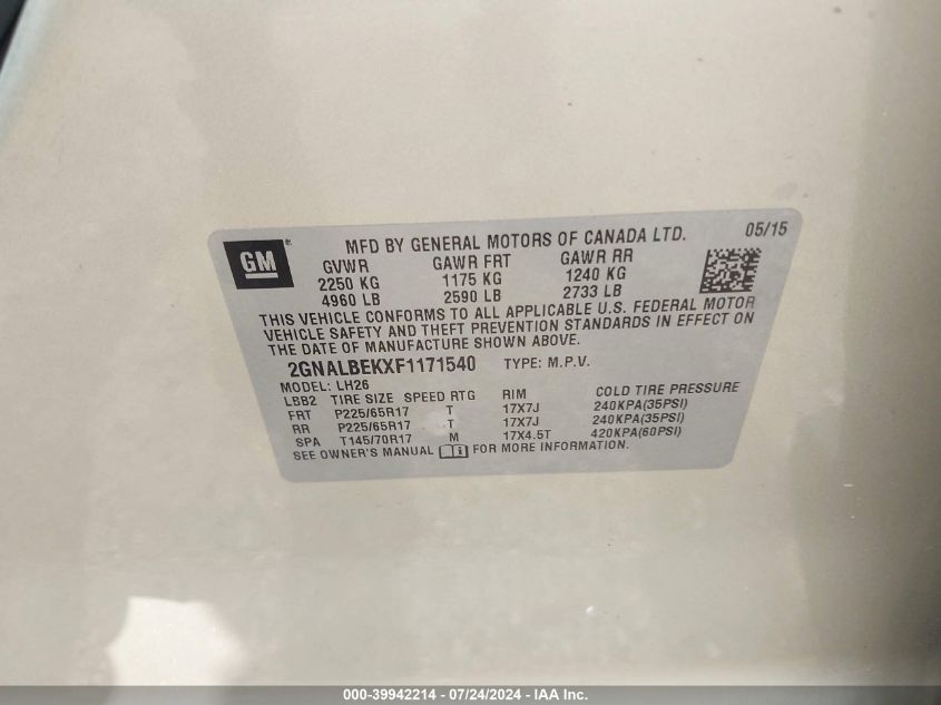2015 Chevrolet Equinox 1Lt VIN: 2GNALBEKXF1171540 Lot: 39942214