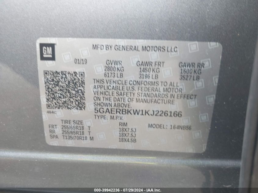 2019 Buick Enclave Fwd Essence VIN: 5GAERBKW1KJ226166 Lot: 39942236