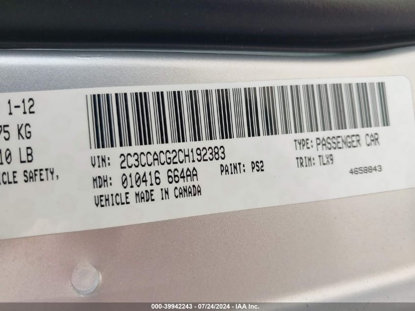 2012 Chrysler 300 Limited VIN: 2C3CCACG2CH192383 Lot: 39942243