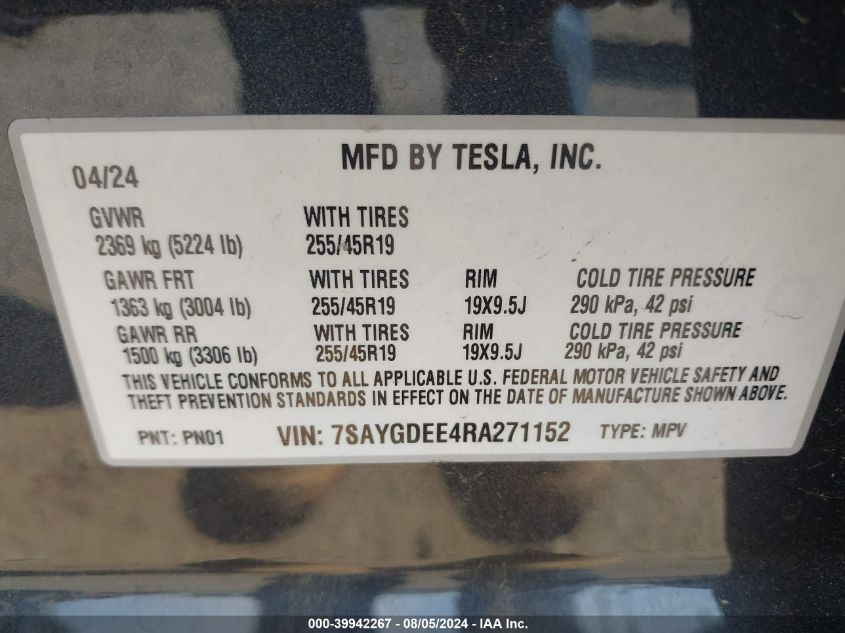 2024 Tesla Model Y Long Range Dual Motor All-Wheel Drive VIN: 7SAYGDEE4RA271152 Lot: 39942267