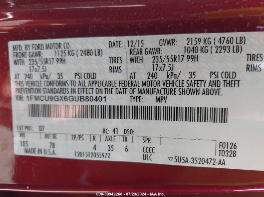 2016 Ford Escape Se VIN: 1FMCU9GX6GUB80401 Lot: 39942268