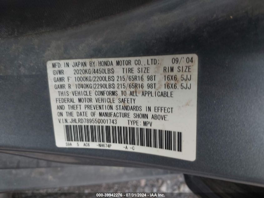 2005 Honda Cr-V Se VIN: JHLRD78955C001743 Lot: 39942276