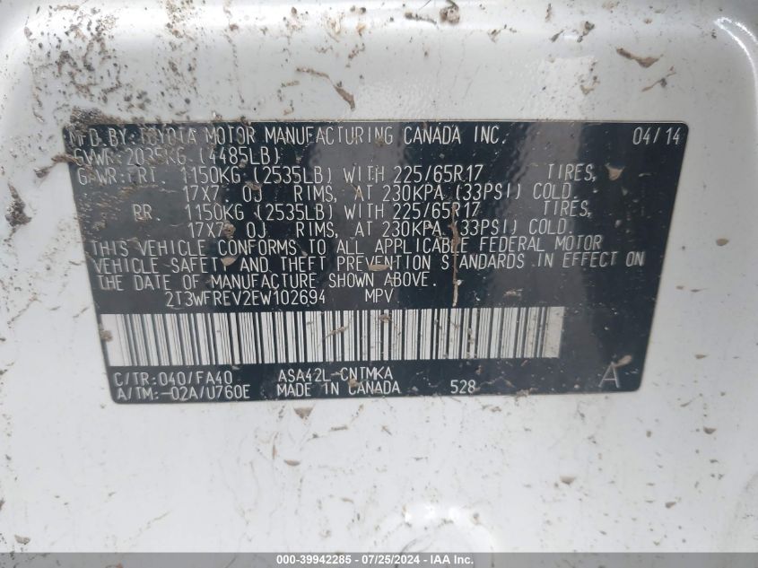 2014 Toyota Rav4 Xle VIN: 2T3WFREV2EW102694 Lot: 39942285