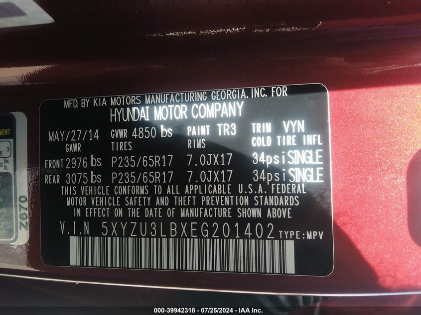 2014 Hyundai Santa Fe Sport 2.4L VIN: 5XYZU3LBXEG201402 Lot: 39942318