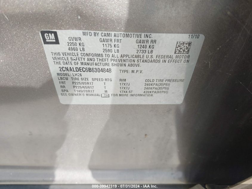 2011 Chevrolet Equinox 1Lt VIN: 2CNALDEC6B6304848 Lot: 39942319