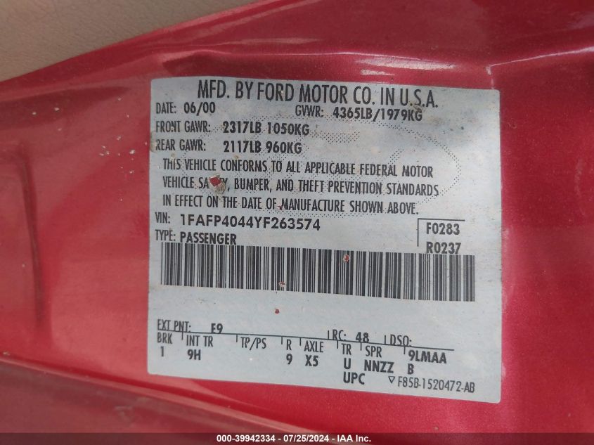 2000 Ford Mustang VIN: 1FAFP4044YF263574 Lot: 39942334