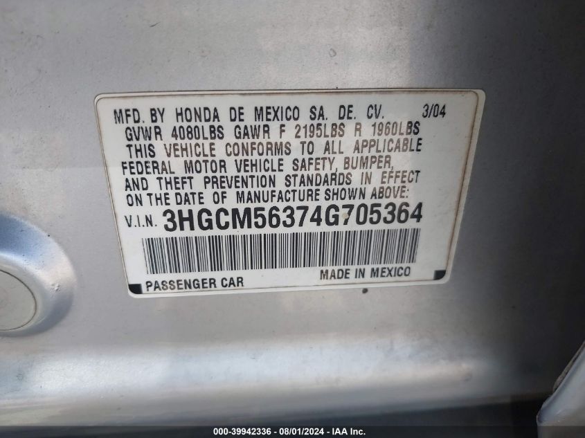 2004 Honda Accord 2.4 Lx VIN: 3HGCM56374G705364 Lot: 39942336