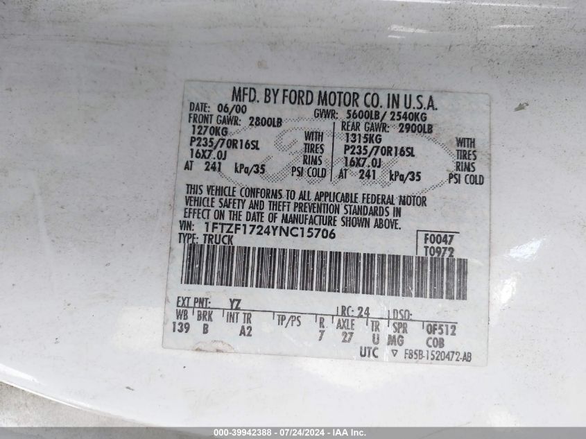 2000 Ford F-150 VIN: 1FTZF1724YNC15706 Lot: 39942388