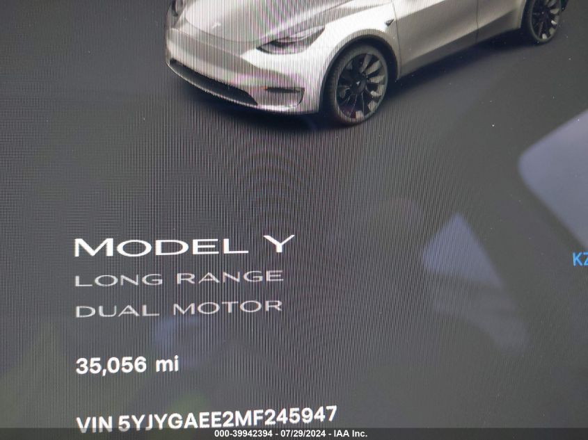 2021 Tesla Model Y Long Range Dual Motor All-Wheel Drive VIN: 5YJYGAEE2MF245947 Lot: 39942394