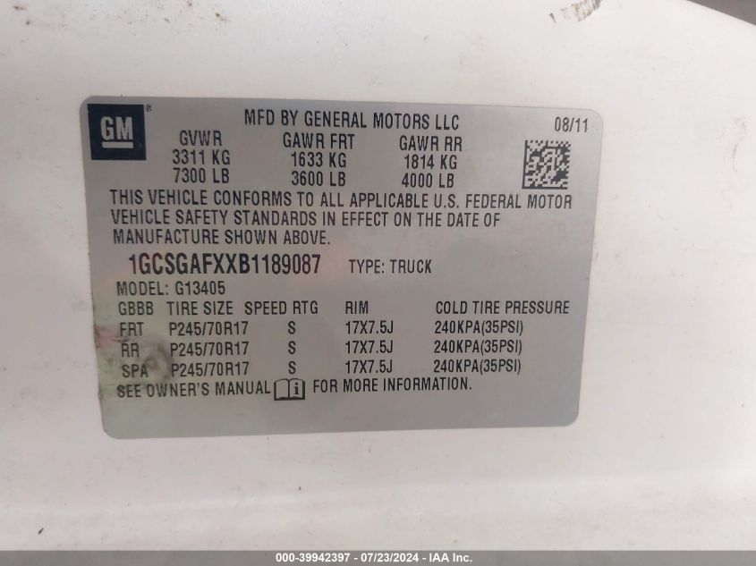 2011 Chevrolet Express 1500 Work Van VIN: 1GCSGAFXXB1189087 Lot: 39942397