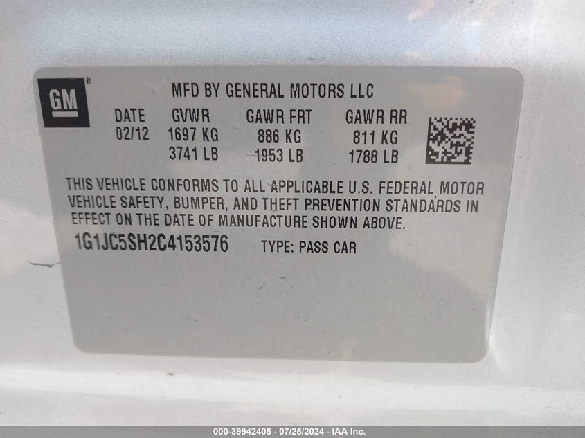 2012 Chevrolet Sonic Lt VIN: 1G1JC5SH2C4153576 Lot: 39942405