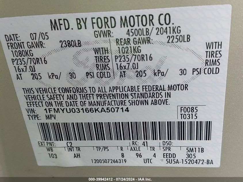 2006 Ford Escape Xlt/Xlt Sport VIN: 1FMYU03166KA50714 Lot: 39942412