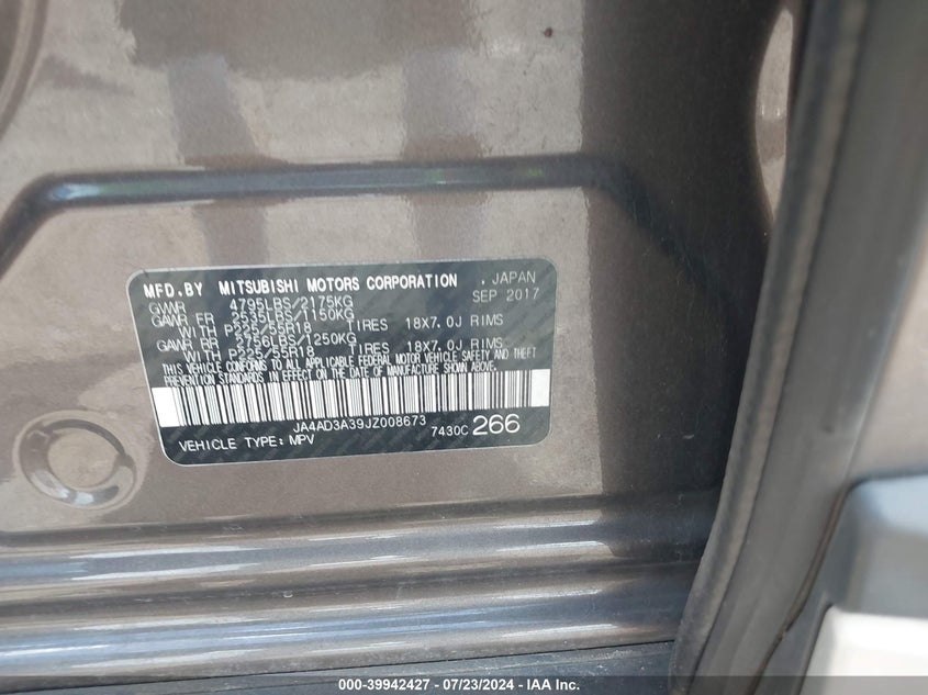 2018 Mitsubishi Outlander Se VIN: JA4AD3A39JZ008673 Lot: 39942427