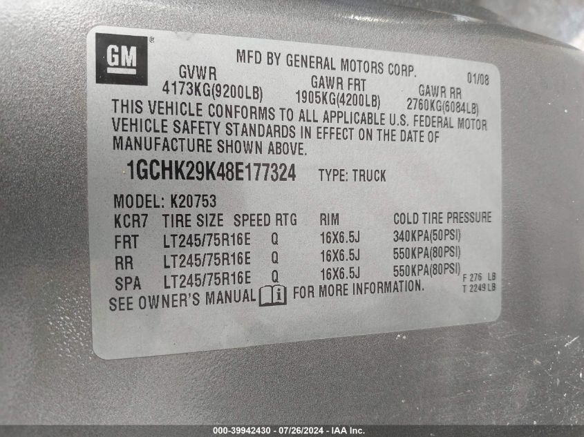 2008 Chevrolet Silverado K2500 Heavy Duty VIN: 1GCHK29K48E177324 Lot: 39942430