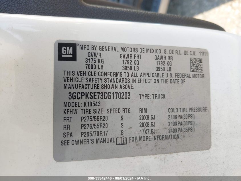 2012 Chevrolet Silverado 1500 Lt VIN: 3GCPKSE73CG170203 Lot: 39942446