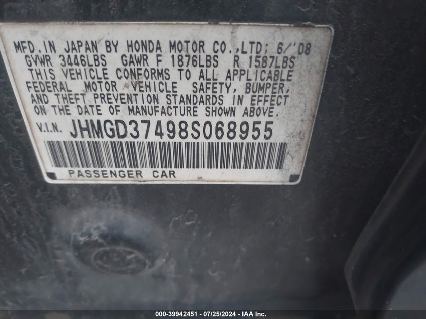 2008 Honda Fit VIN: JHMGD37498S068955 Lot: 39942451