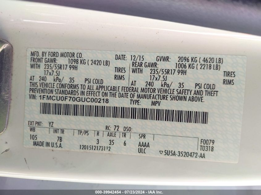 2016 Ford Escape S VIN: 1FMCU0F70GUC00218 Lot: 39942454