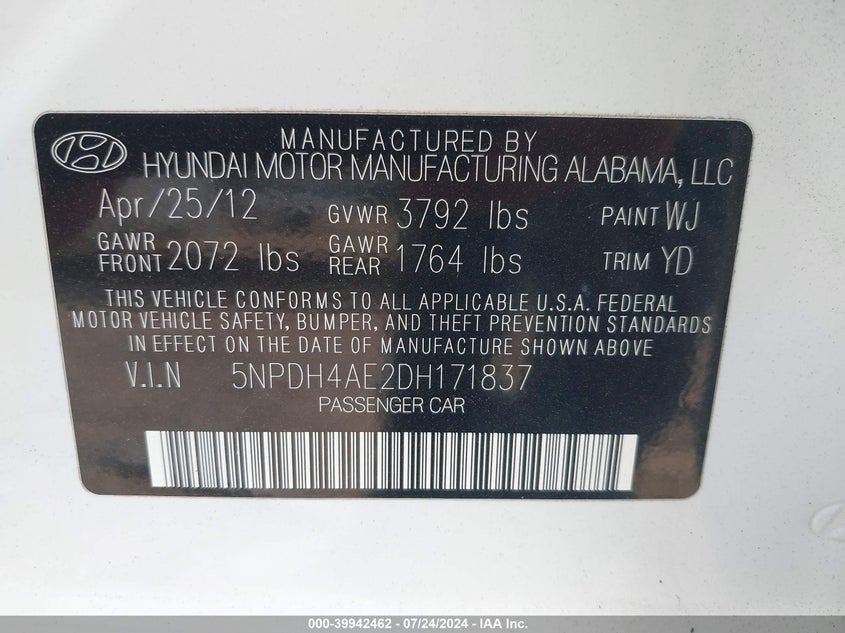 2013 Hyundai Elantra Gls VIN: 5NPDH4AE2DH171837 Lot: 39942462