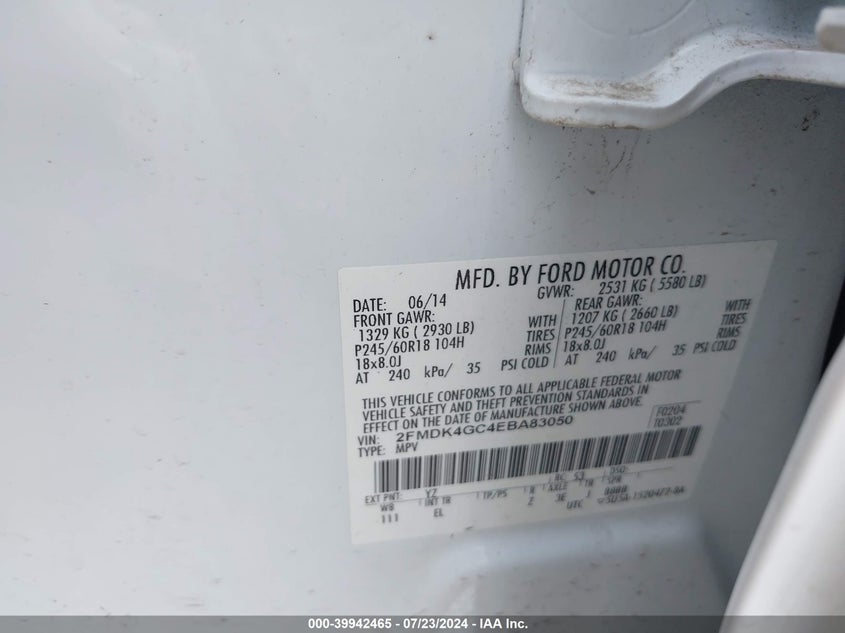 2014 Ford Edge Se VIN: 2FMDK4GC4EBA83050 Lot: 39942465