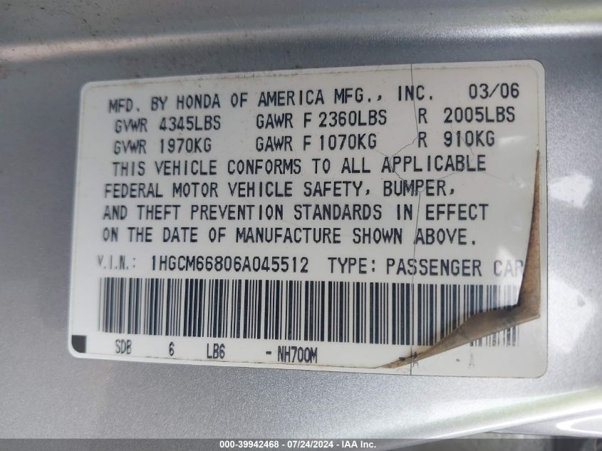 2006 Honda Accord Sdn Ex-L V6 With Navi VIN: 1HGCM66806A045512 Lot: 39942468