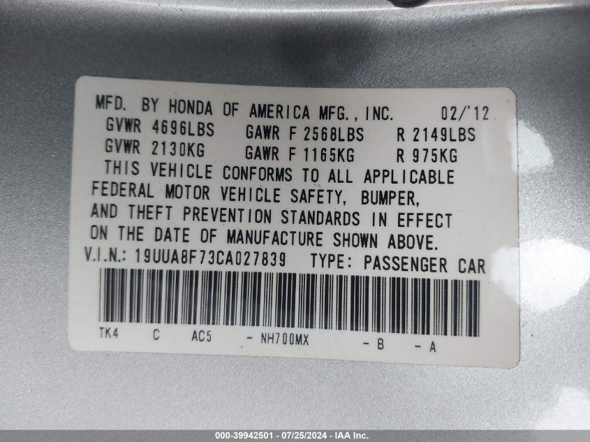 2012 Acura Tl 3.5 VIN: 19UUA8F73CA027839 Lot: 39942501