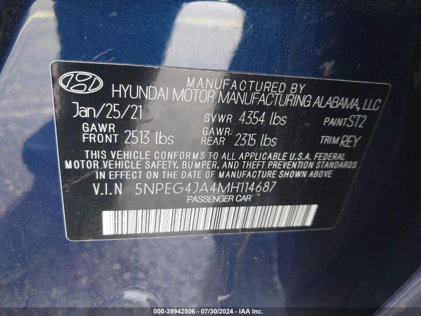 2021 Hyundai Sonata Se VIN: 5NPEG4JA4MH114687 Lot: 39942506