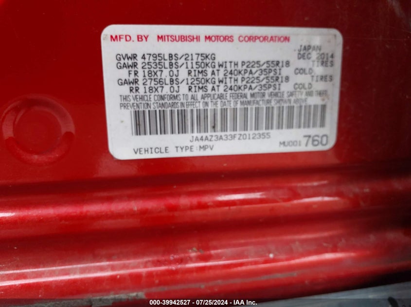 2015 Mitsubishi Outlander Se VIN: JA4AZ3A33FZ012355 Lot: 39942527