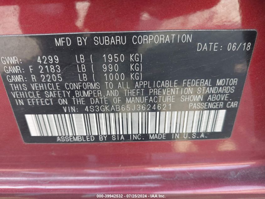 2018 Subaru Impreza Premium VIN: 4S3GKAB65J3624621 Lot: 39942532