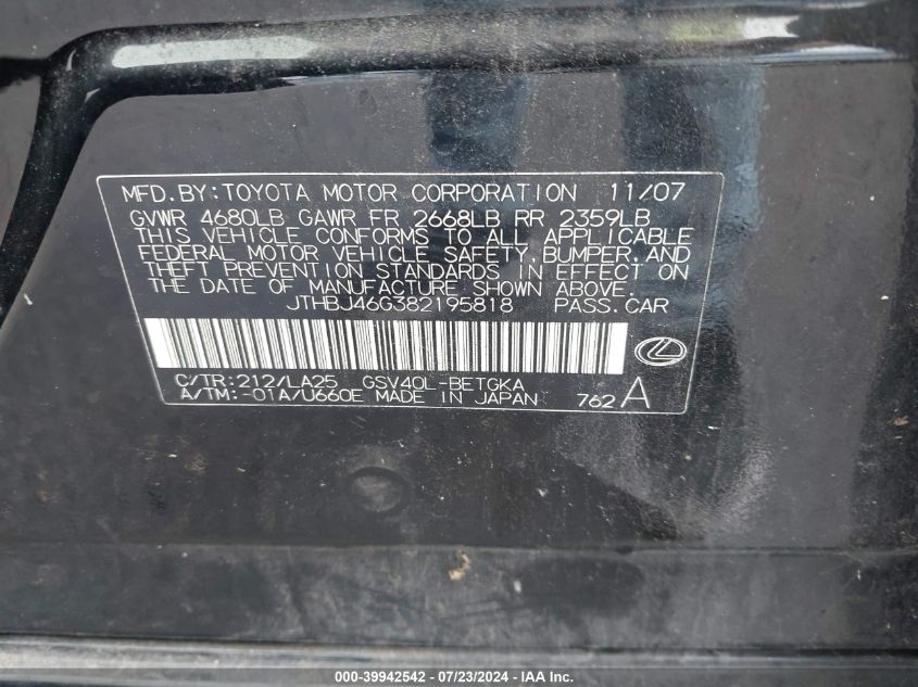 2008 Lexus Es 350 VIN: JTHBJ46G382195818 Lot: 39942542