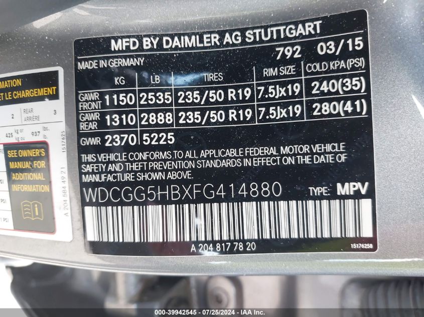 WDCGG5HBXFG414880 2015 Mercedes-Benz Glk 350